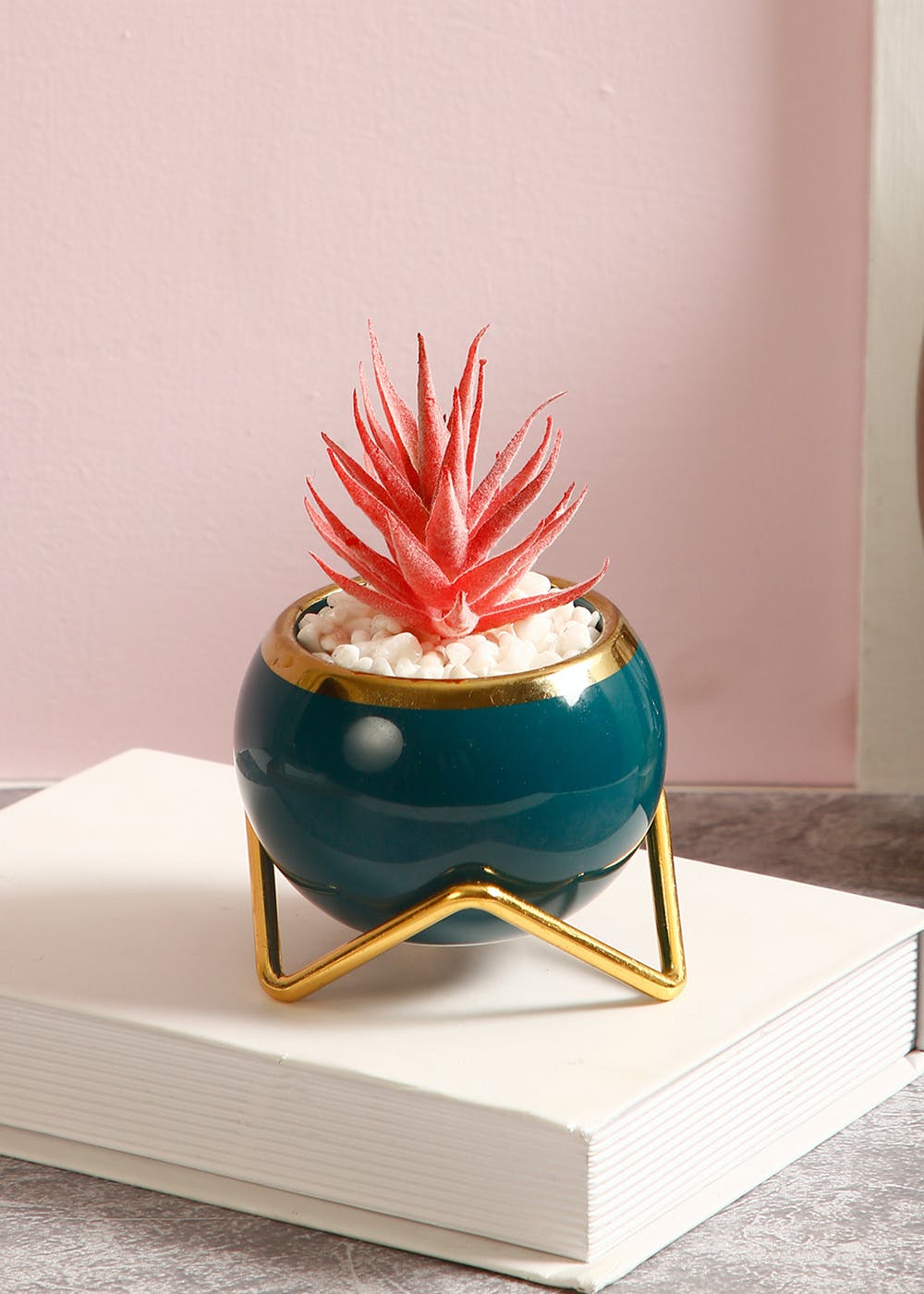 Fashionable Yet Durable Pot With Golden Stand And Artificial Plants