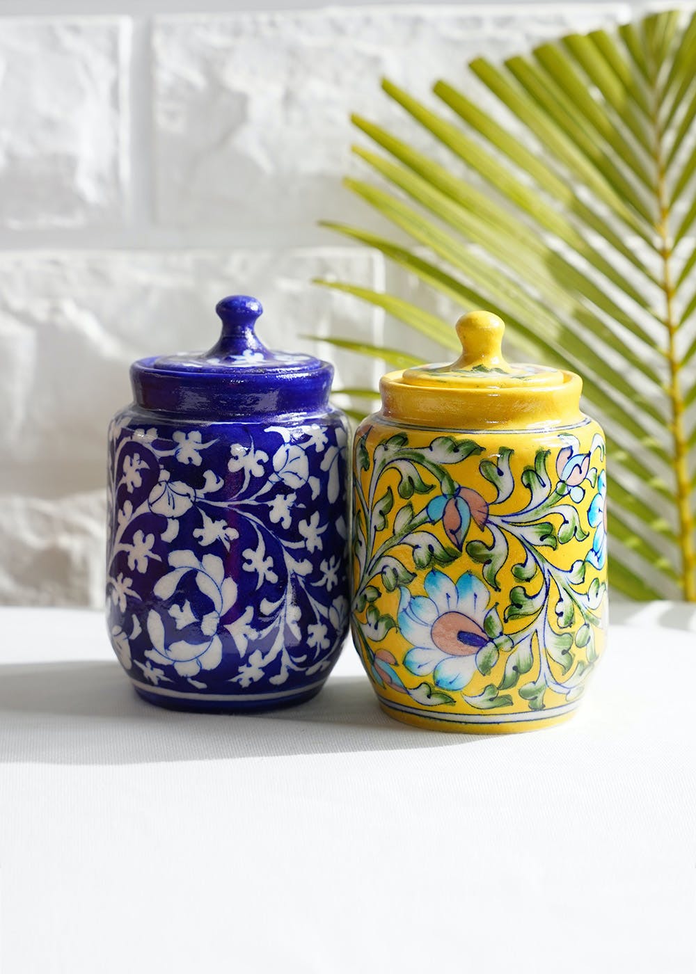 Get Blue Yellow Floral Pattern Pottery Jars Set Of 2 At 1200 Lbb Shop