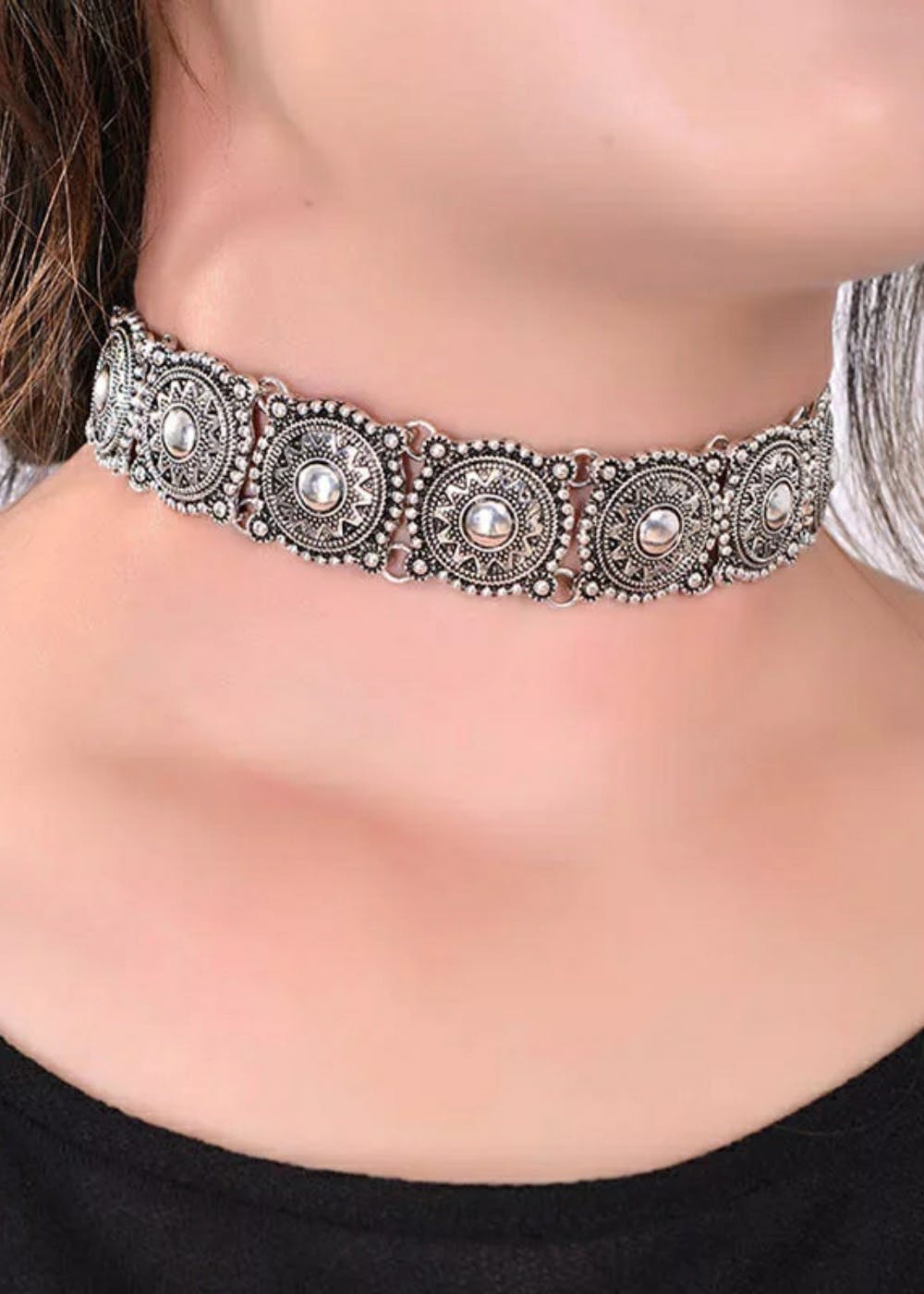 Get Sun Oxidised Silver Ethnic Boho Vintage Choker Necklace at ₹ 1249