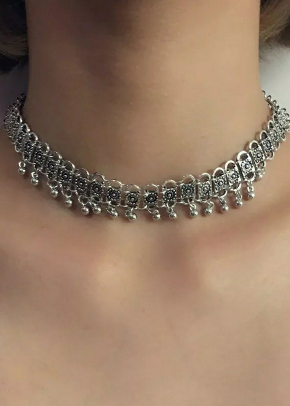 Get Oxidised Silver Ball Tassel Ethnic Boho Vintage Choker Necklace at