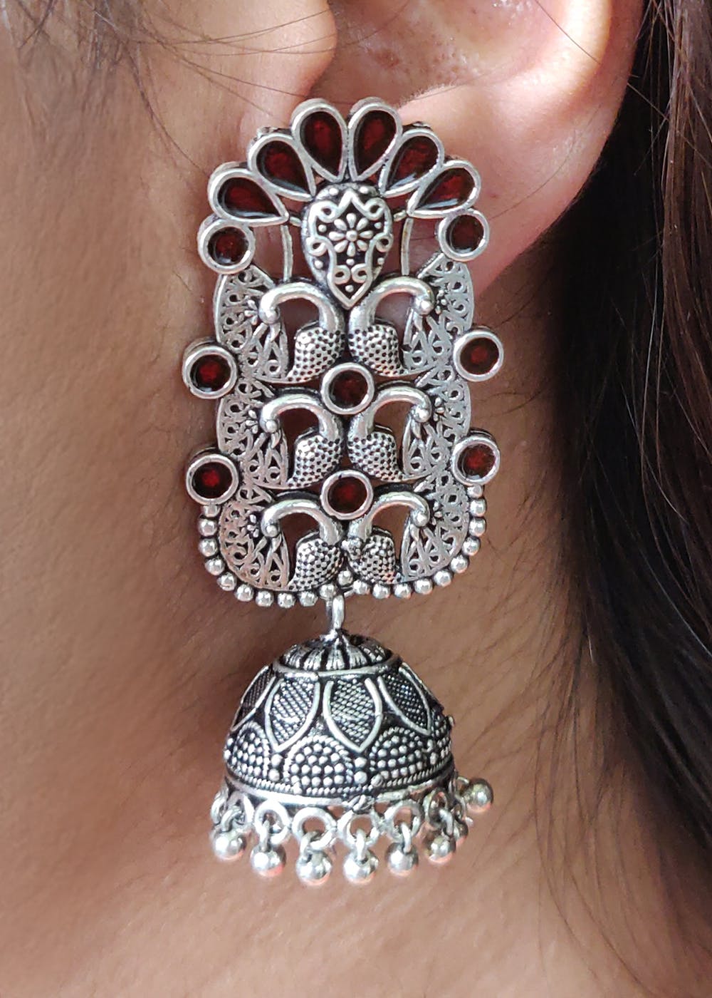 Get Maroon Peacock Oxidised Jhumka at ₹ 799 | LBB Shop