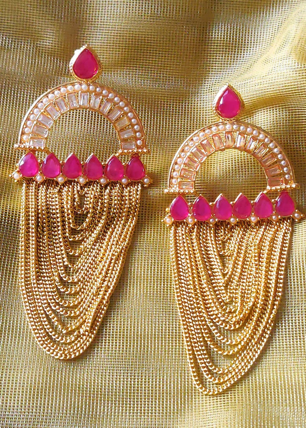 Gold Finish Rani Pink Kundan Polki & White Beaded Dangler Earrings Design  by Akulya Jewels at Pernia's Pop Up Shop 2024