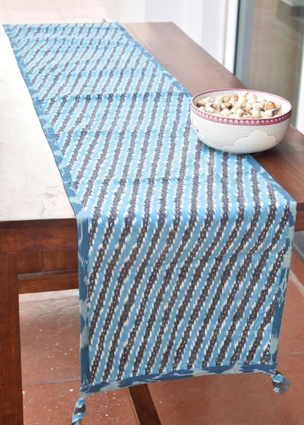 Get Blue And Grey Ikat Reversible Table Runner With Kantha Embroidery