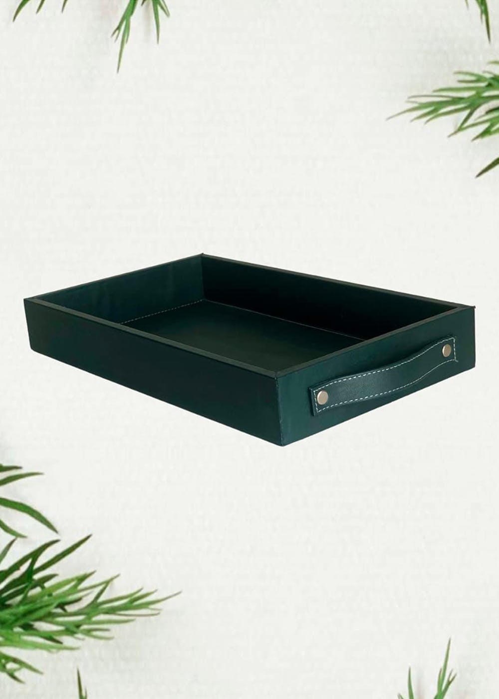 Get Bottle Green Premium Leather Tray In MDF Wood With Handles at ₹ 999 ...