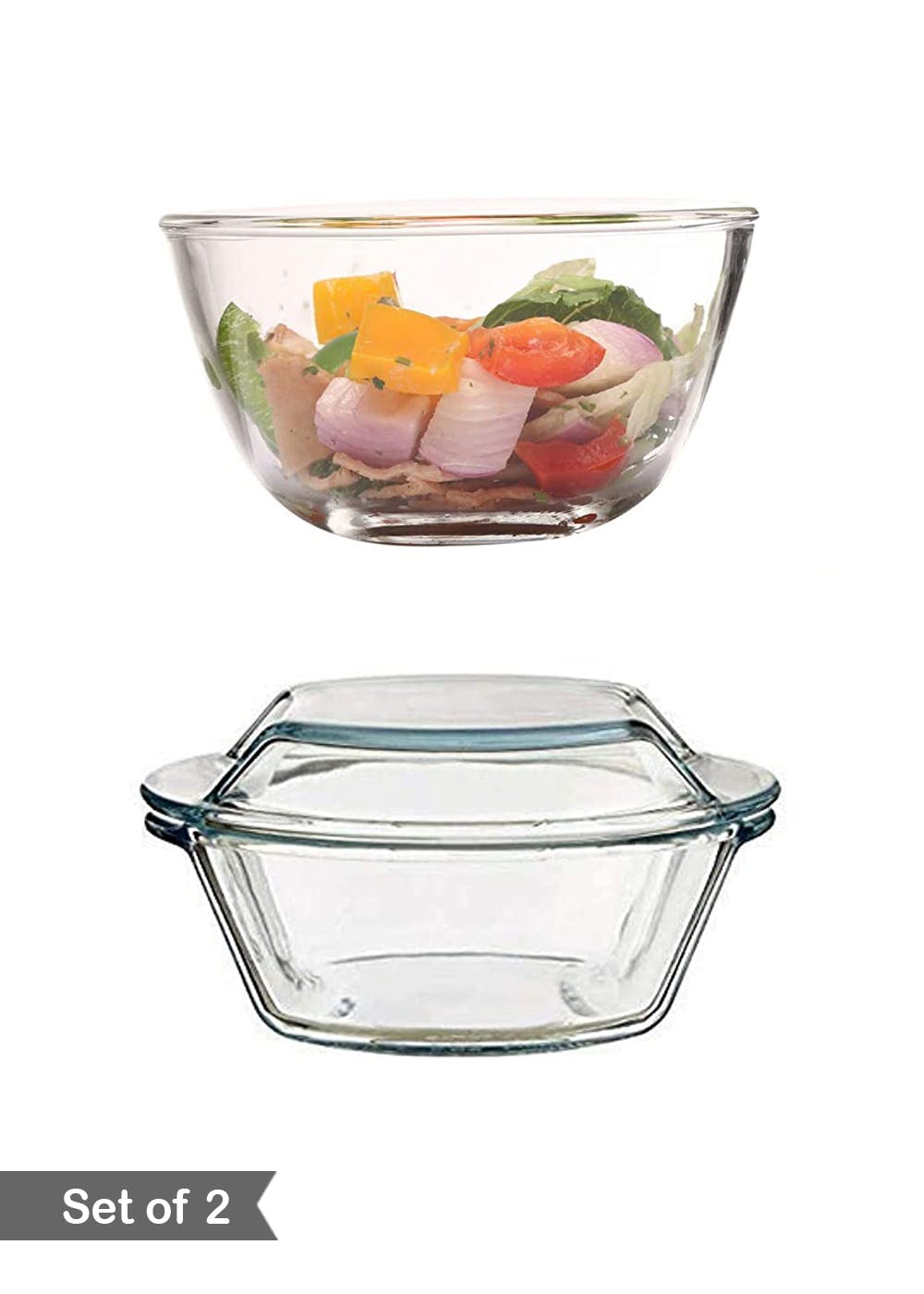 Get Transparent Borosilicate Glass Microwave Safe Mixing Bowl (.7 L) With Casserole Set (1 L) at