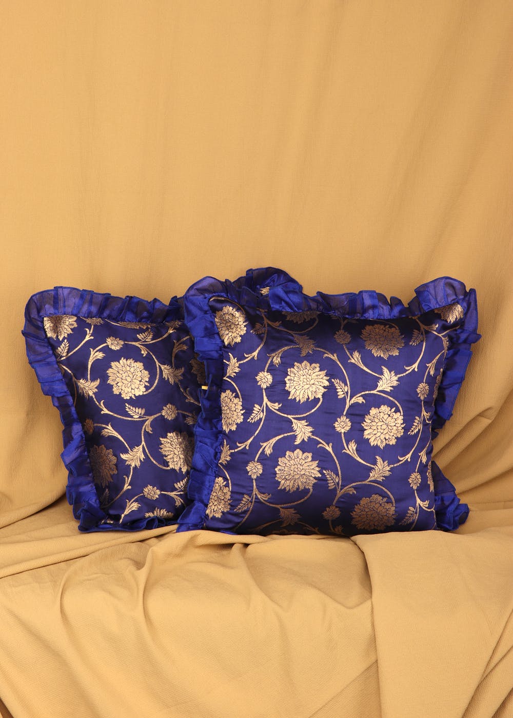 Blue Gold Cushion Covers With Ruffles, Pack Of 2
