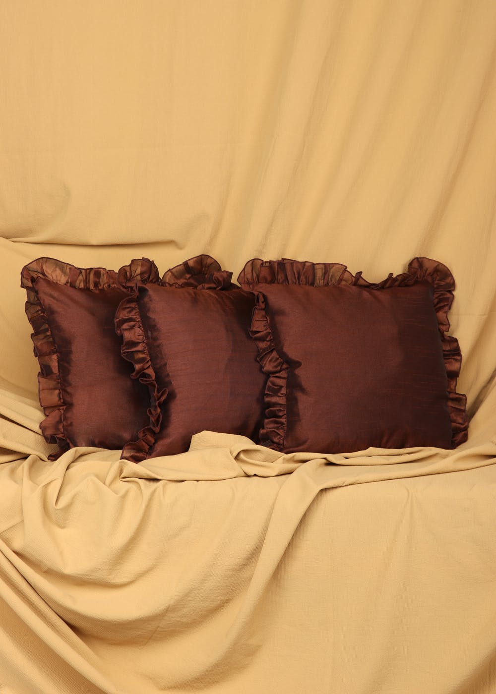 Brown Silk Ruffled Cushion Covers, Pack Of 3