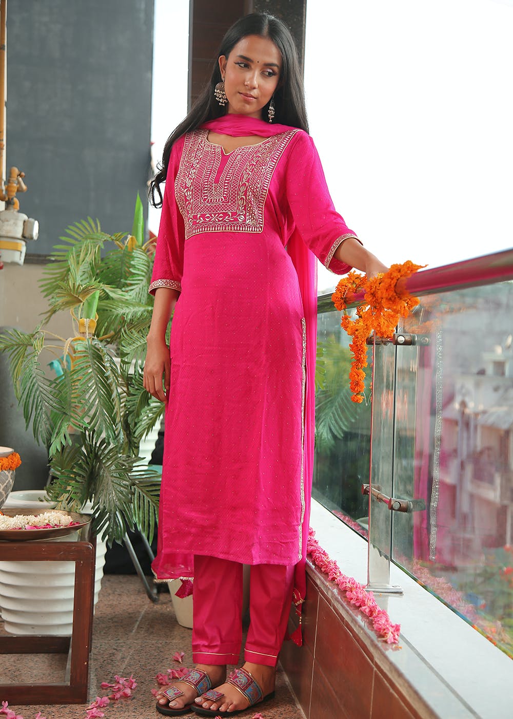 Pink Lucknowi Chikankari Work Rayon Kurti Pant Set With Dupatta
