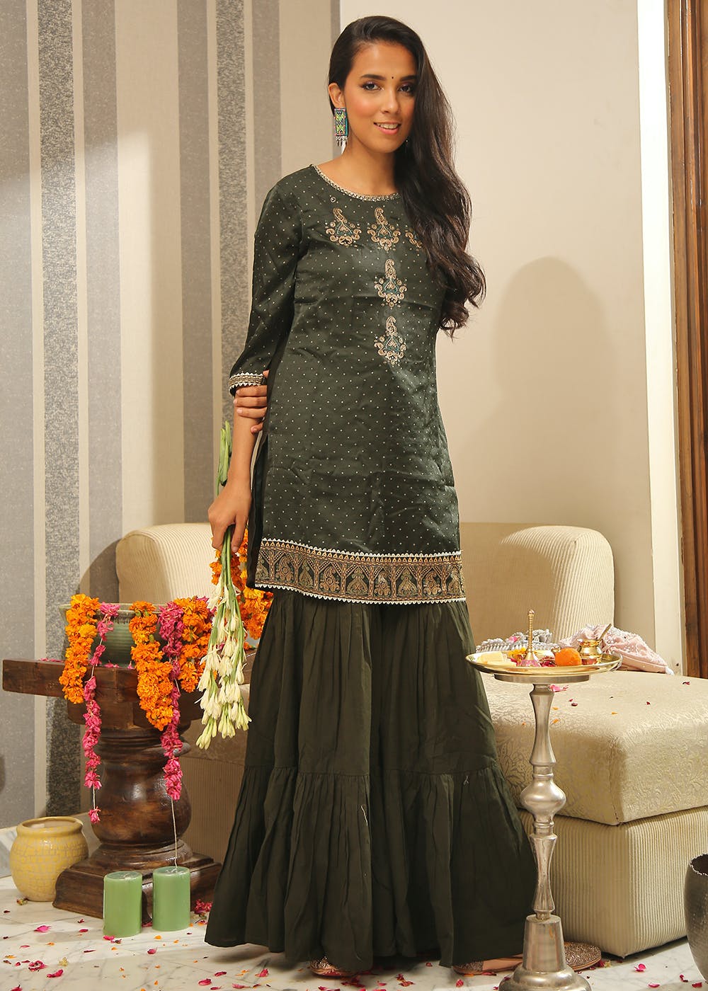 Green Dobby Printed Ethnic kurta