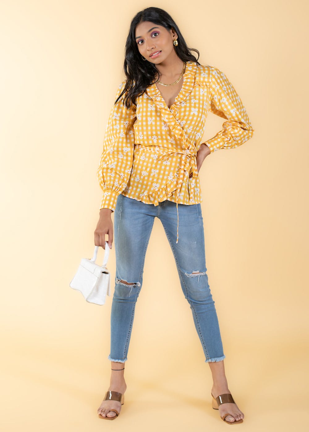 Get Floral & Checkered Yellow Wrap Top at ₹ 2090 LBB Shop