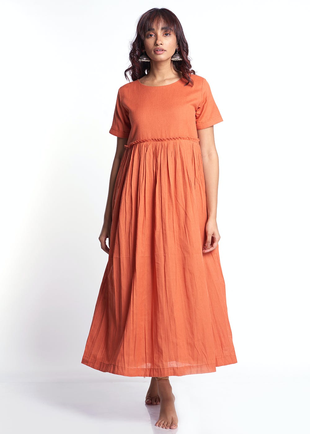 Get Orange Long Cotton One Piece Dress with Pleats at ₹ 2250 ...
