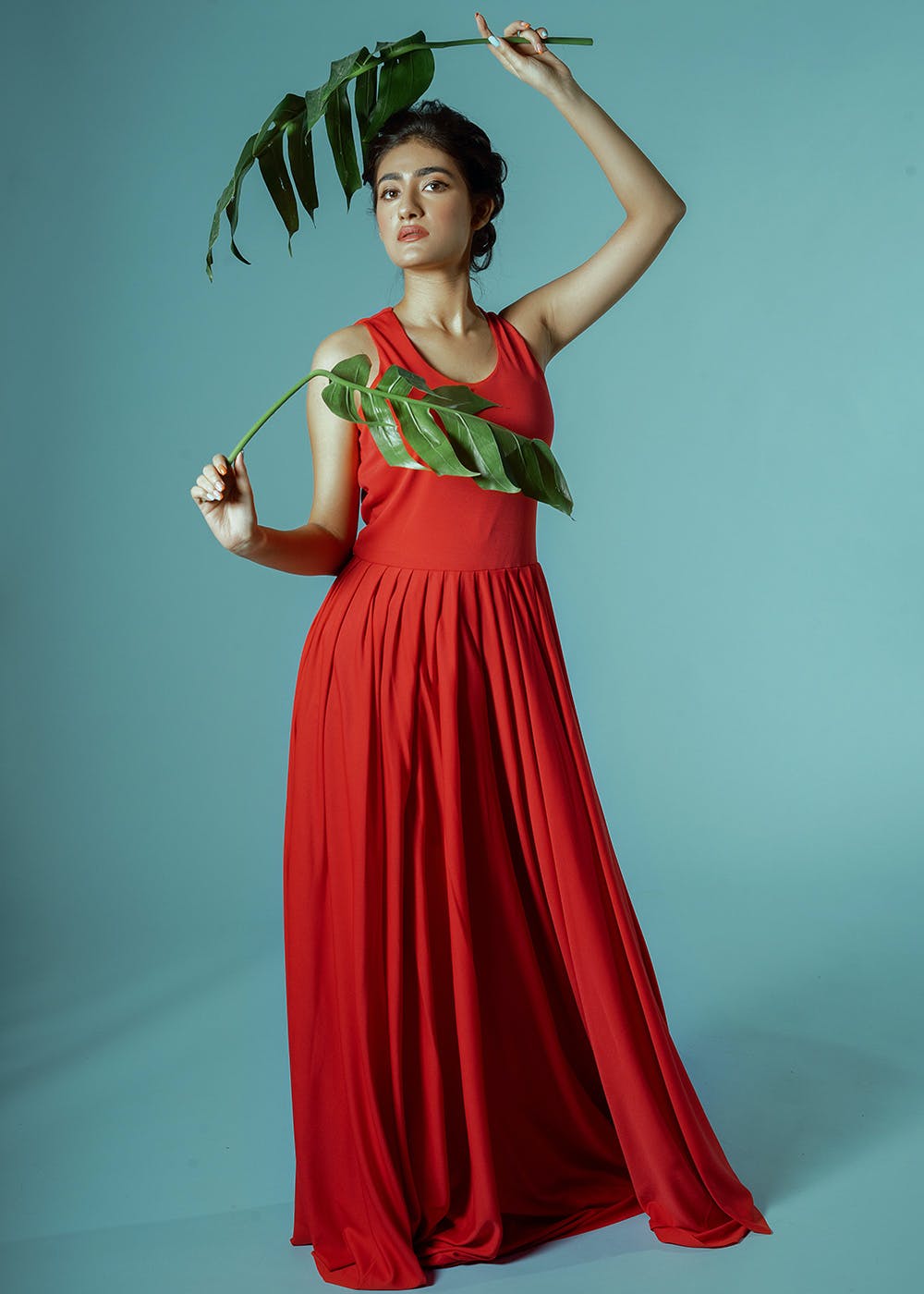 pleated red maxi dress