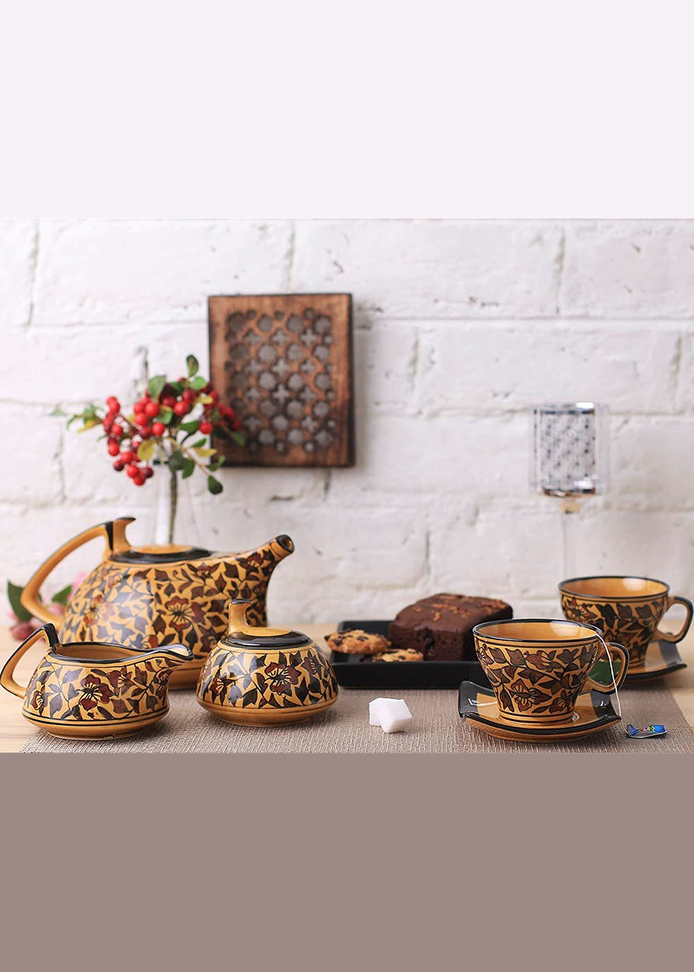 Get Ceramic Handmade Tea Set With Kettle Brown Sehra Printed Tea Sets