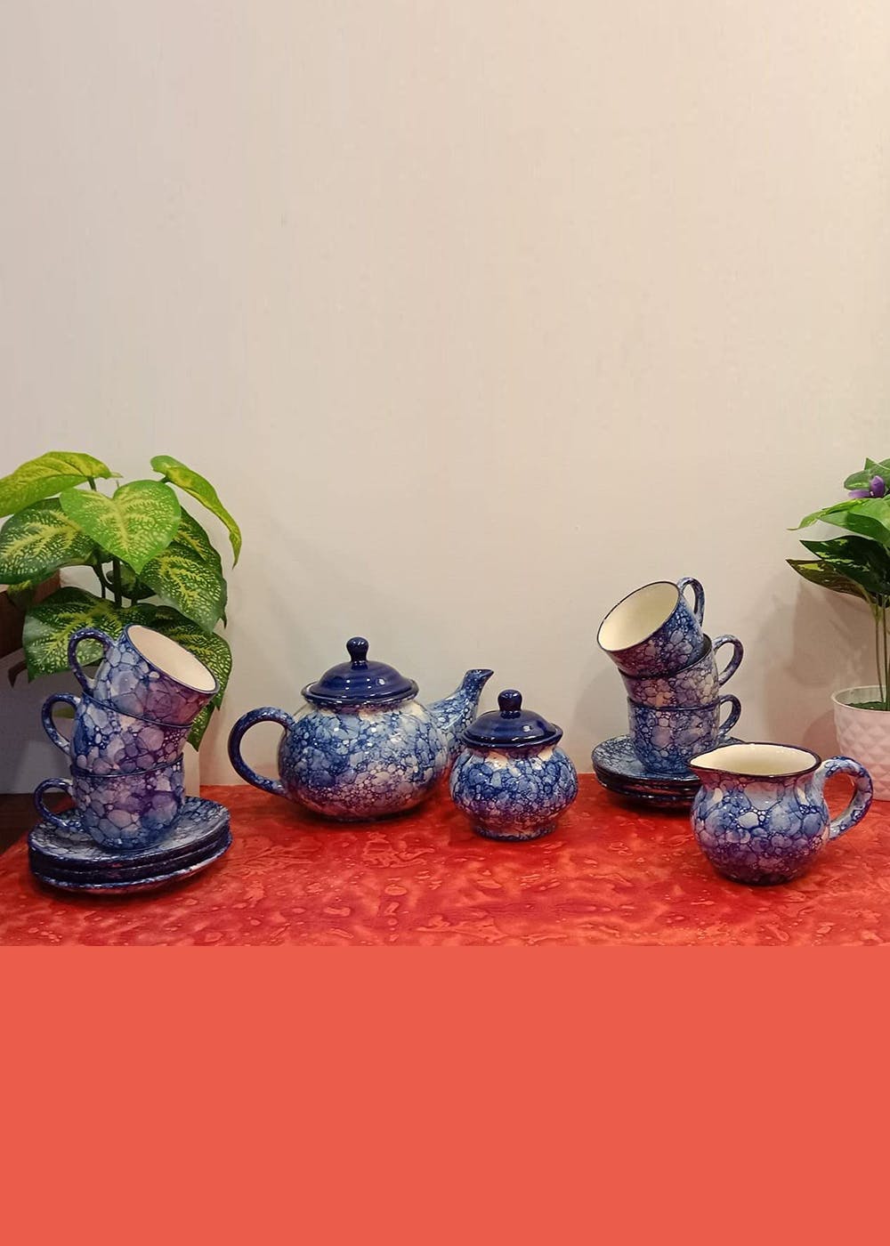 Get Ceramic Handmade Tea Set With Kettle Blue & White Printed Tea Sets