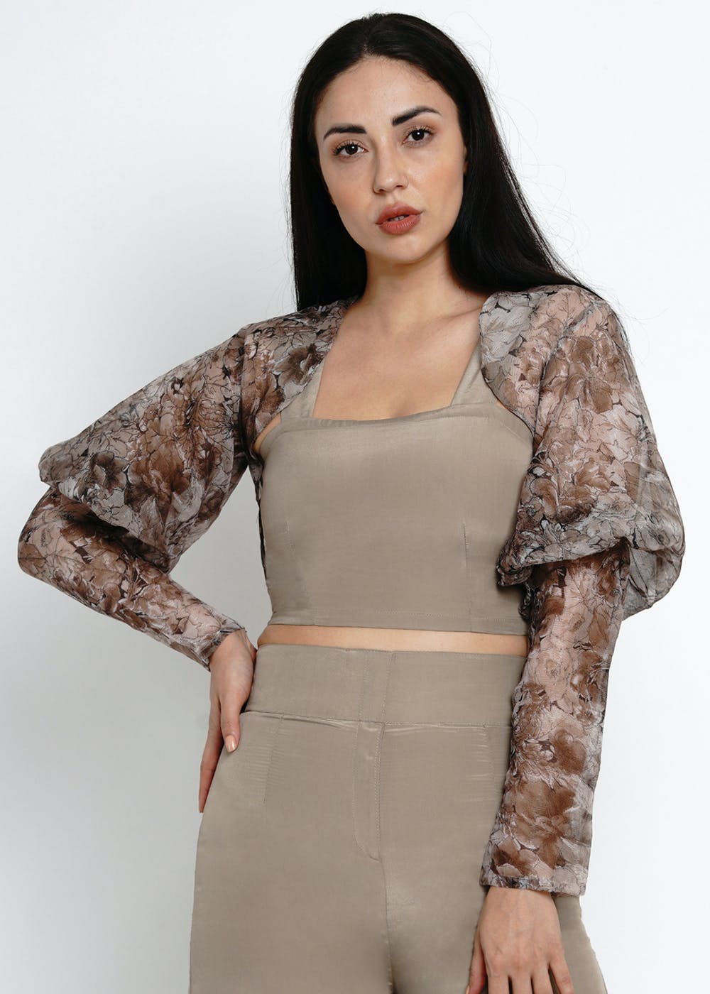 Get Brown Floral Lurex Chiffon Shrug At LBB Shop