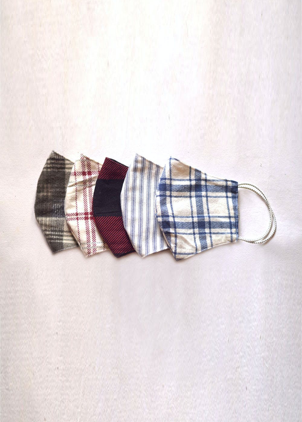  Grey White Red Checks And Lining Flannel Cotton Three Layer Unisex Masks With Filter Pocket (Set of 5)