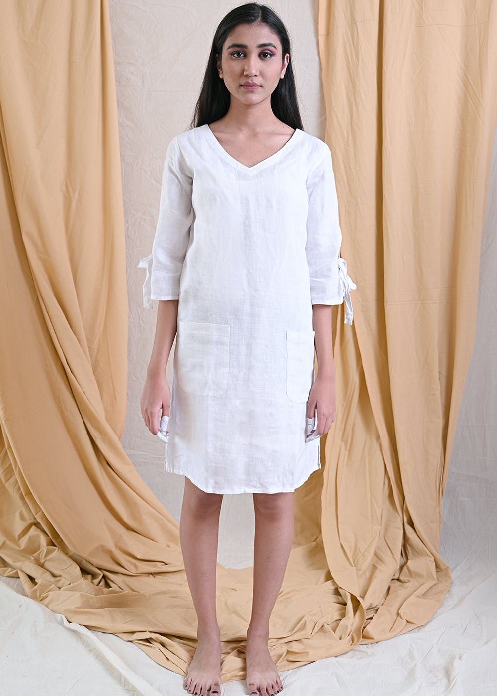 Roll Up Sleeve Detail White V-Neck Dress