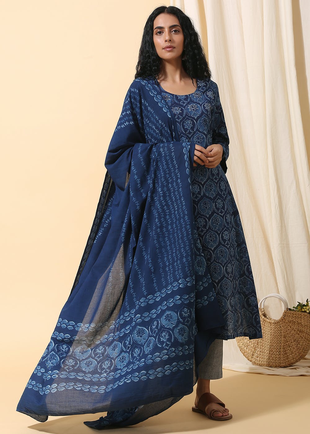Straight Fit Cotton Kurta with Traditional Dabu Print, Embroidery & Pleating