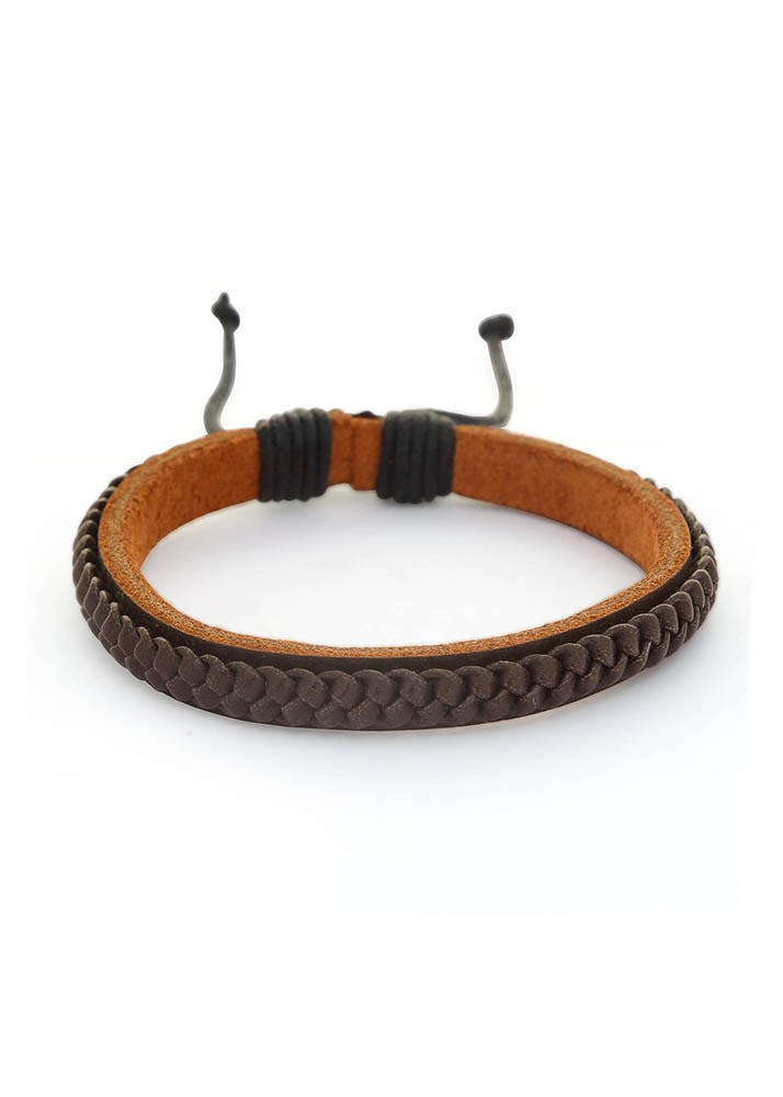 Solid Black Braided Adjustable Leather Wrist Band | LBB