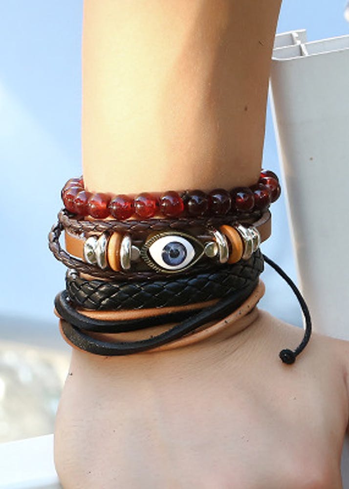 Set of 4 Adjustable Brown Beads and Evil Eye Bead Wrist Bands
