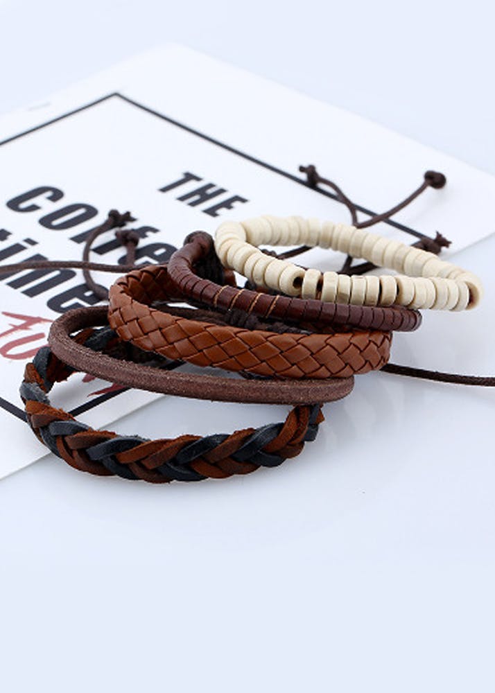 Get Set of 5 Braided Leather Adjustable Wrist Bands at ₹ 369 LBB Shop