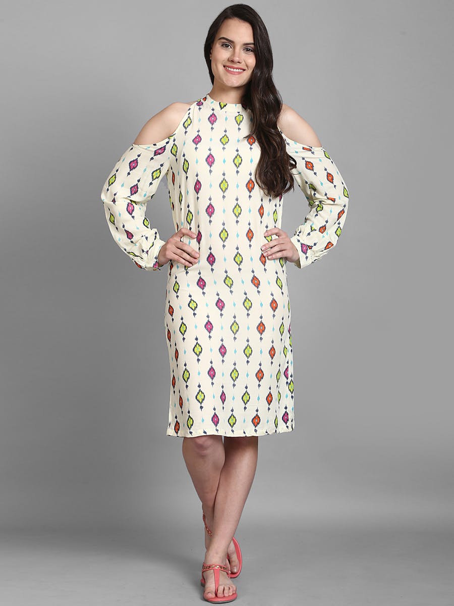 Multicolour Ikat Cold Shoulder Dress