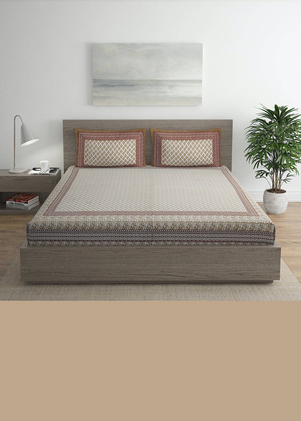 Get Sanganer Brown 100 Cotton Double King Size Bedsheet with 2 Pillow