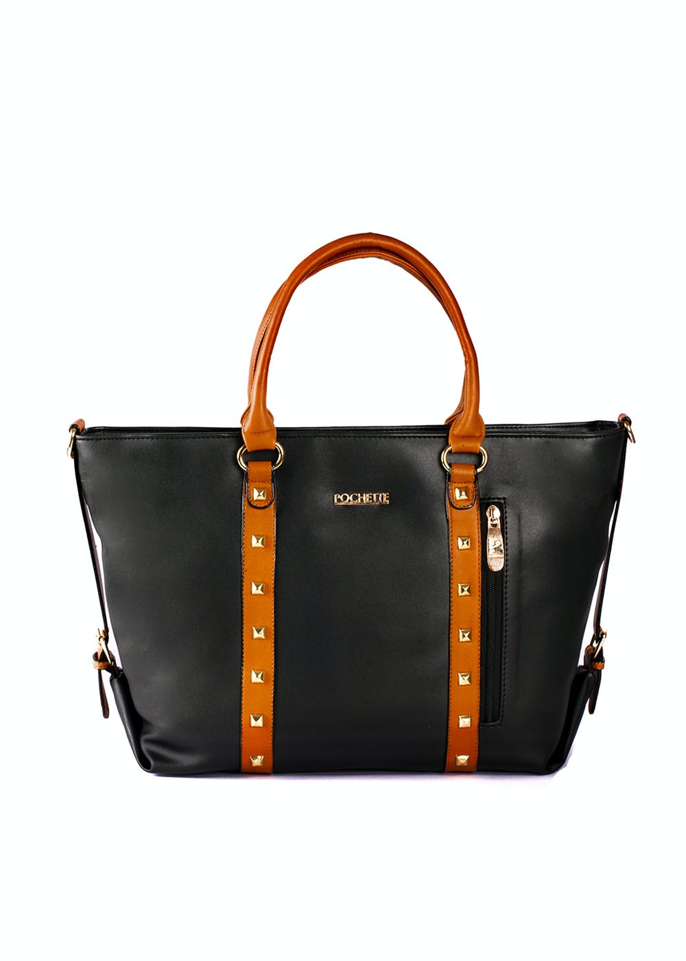 Embellished Contrast Panel Handles Detail Black Handbag