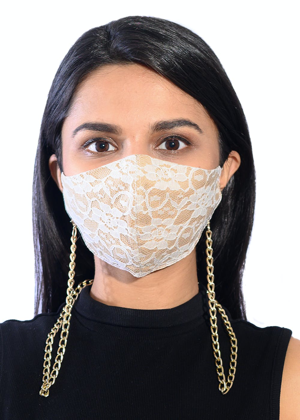 Nude And White Luxurious Washable Lace Mask With Detachable Chain