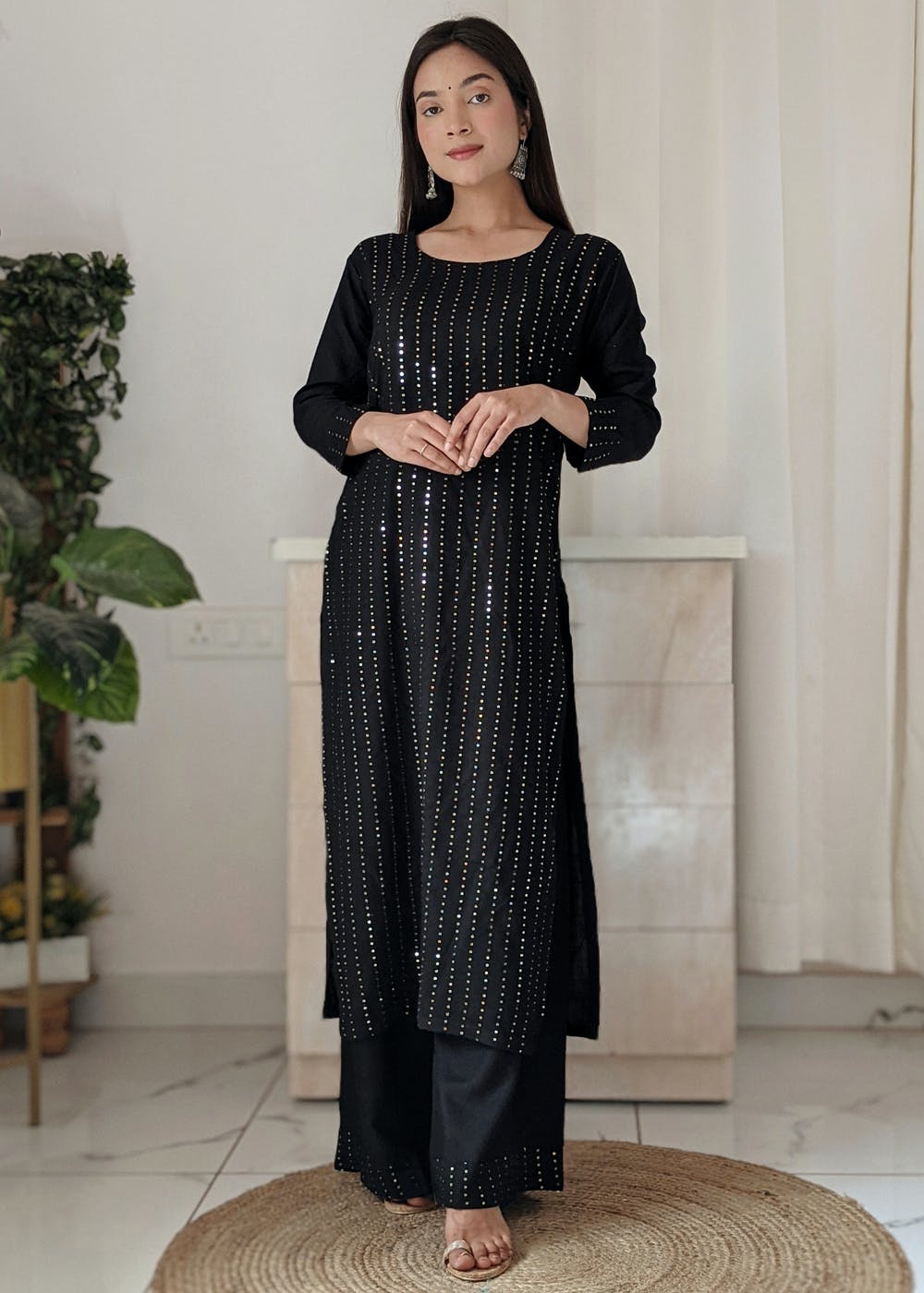 Rayon Black Plain A Line Kurti and Printed Palazzo Set