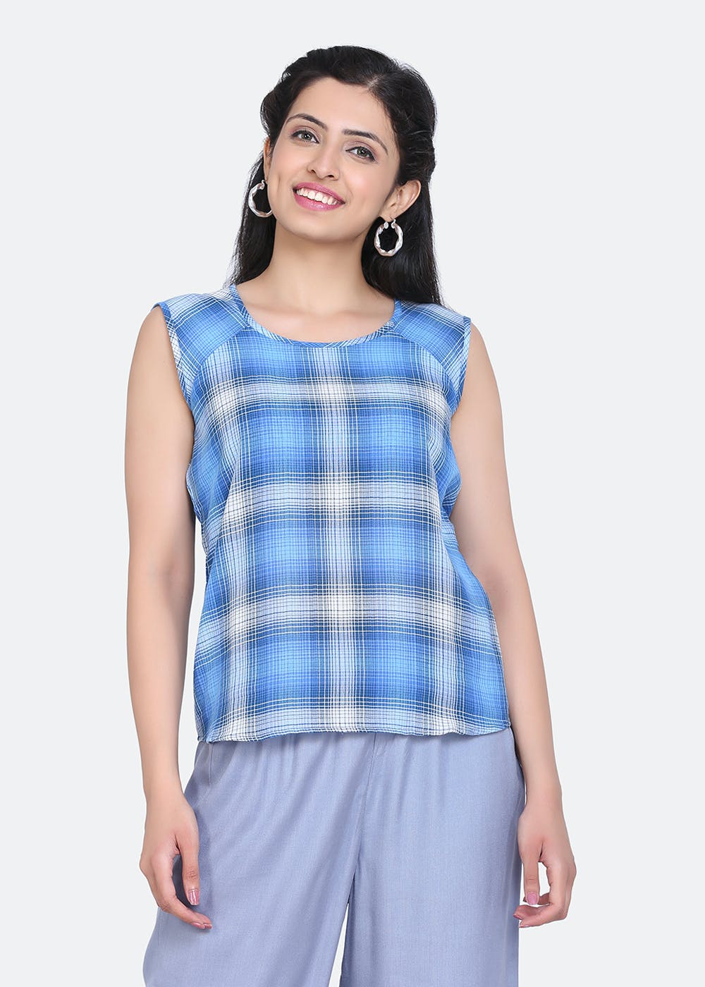 Get Sky Blue and Grey Check Cotton Top at ₹ 850 | LBB Shop