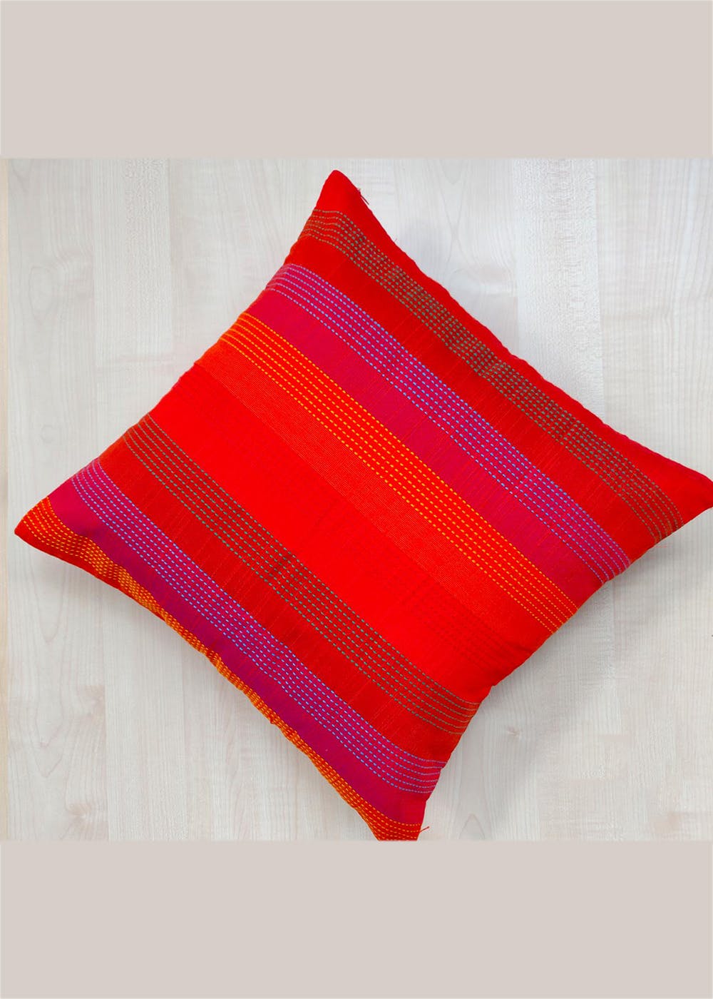 Red-Orange Kantha Embroidered Cushion Cover