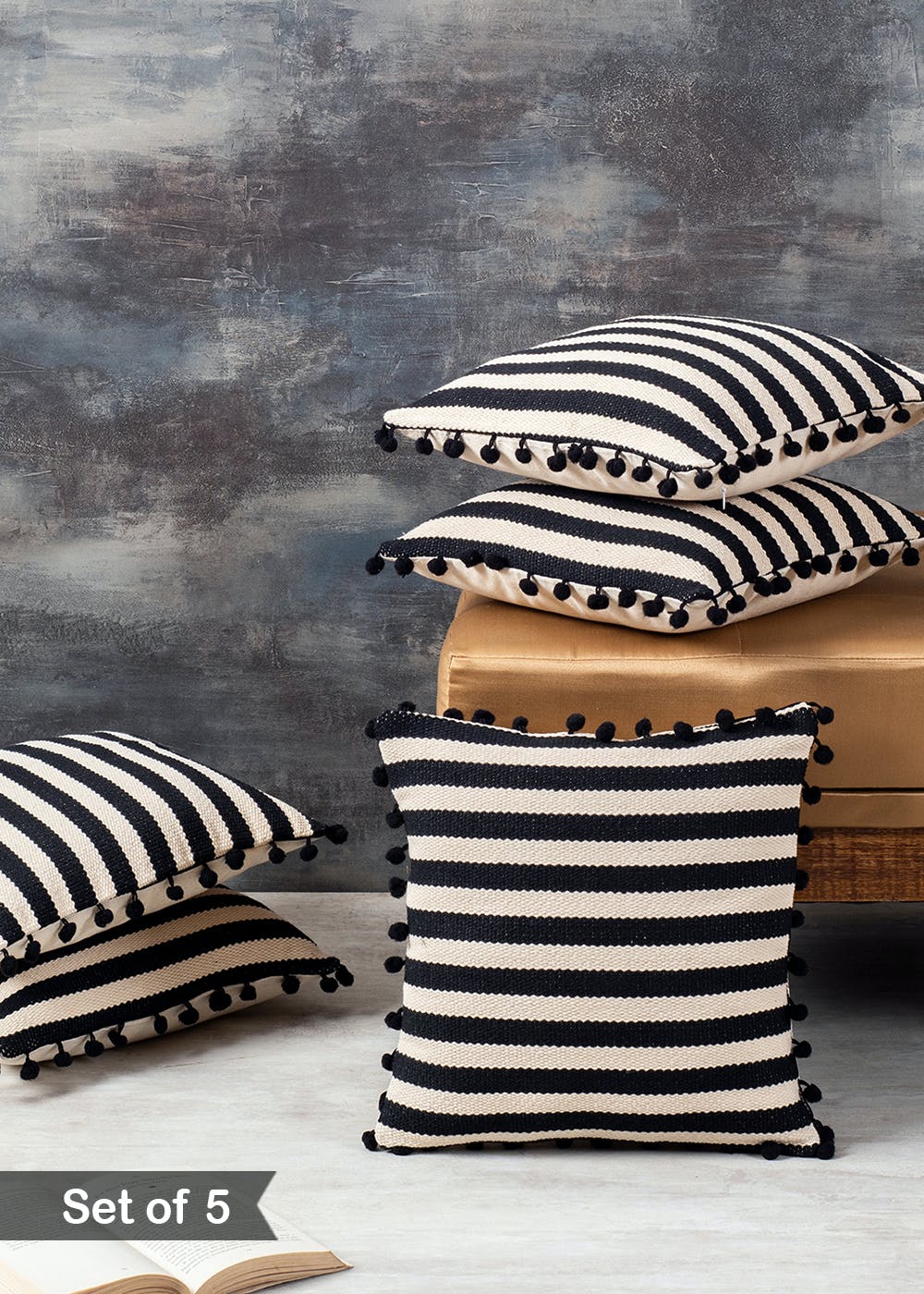 Get Double Shade Black Stripes 12 Inch Cushion Covers With Pom Pom Set Of 5 at 1695 LBB Shop