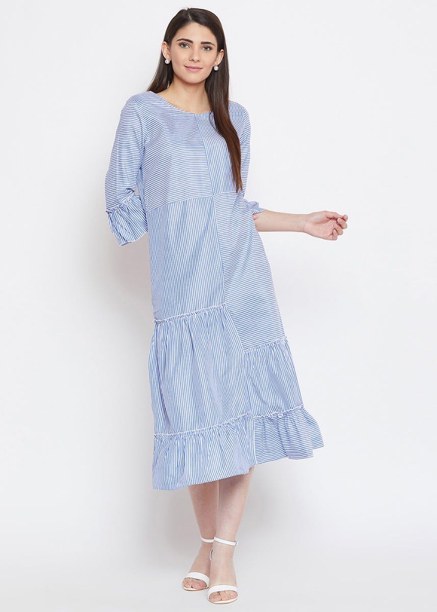 Get Half & Half Stripes Flounce Sleeve Midi Dress at ₹ 1049 LBB Shop