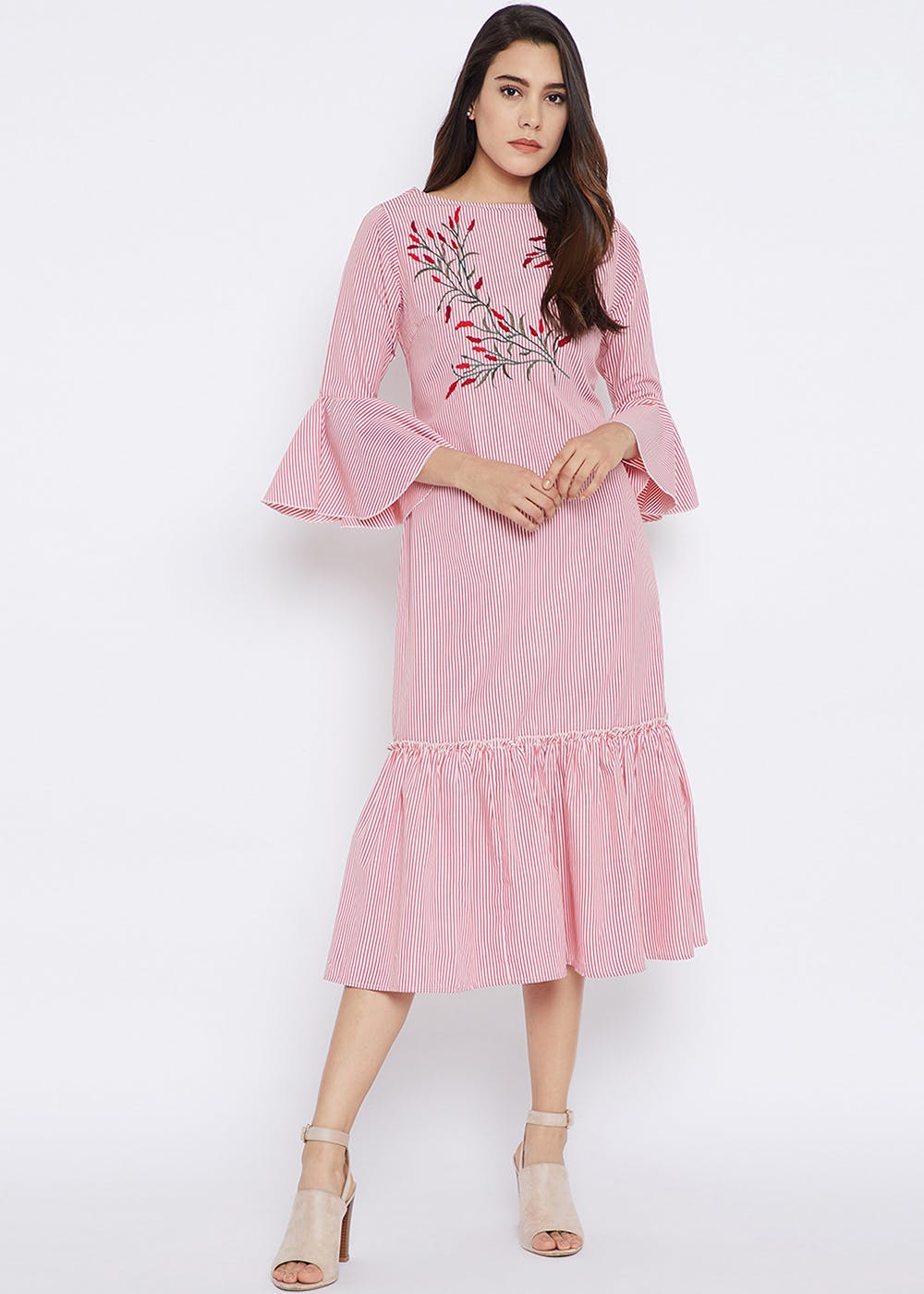 Two-Tone Branched Floral Embroidered Striped Dress - Red