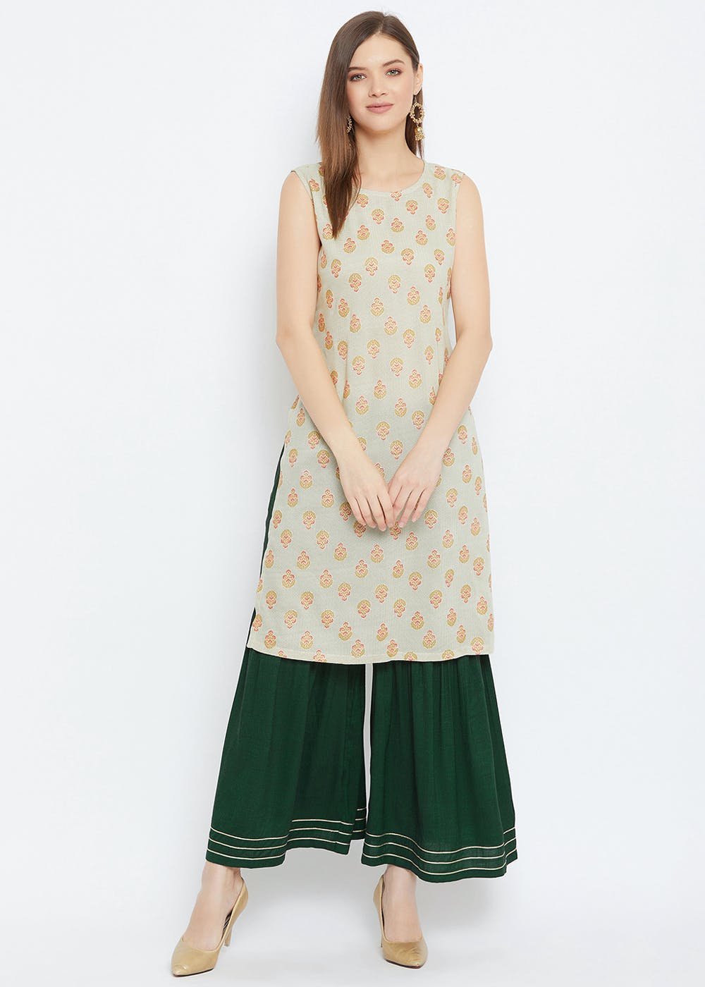 Floral Printed Beige Sleeveless Kurta 