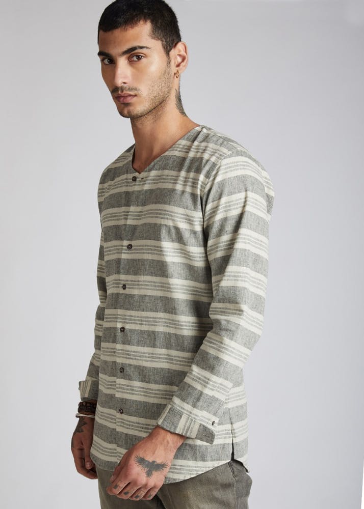 V Neck Stripes Hemp-Cotton Shirt
