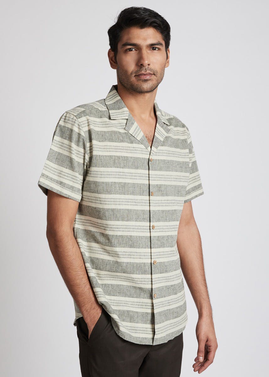 Stripes Notched Collar Hemp-Cotton Shirt