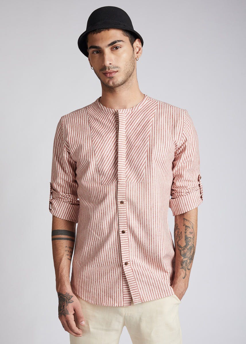 Contrast Stripes Round Neck Hemp-Cotton Shirt