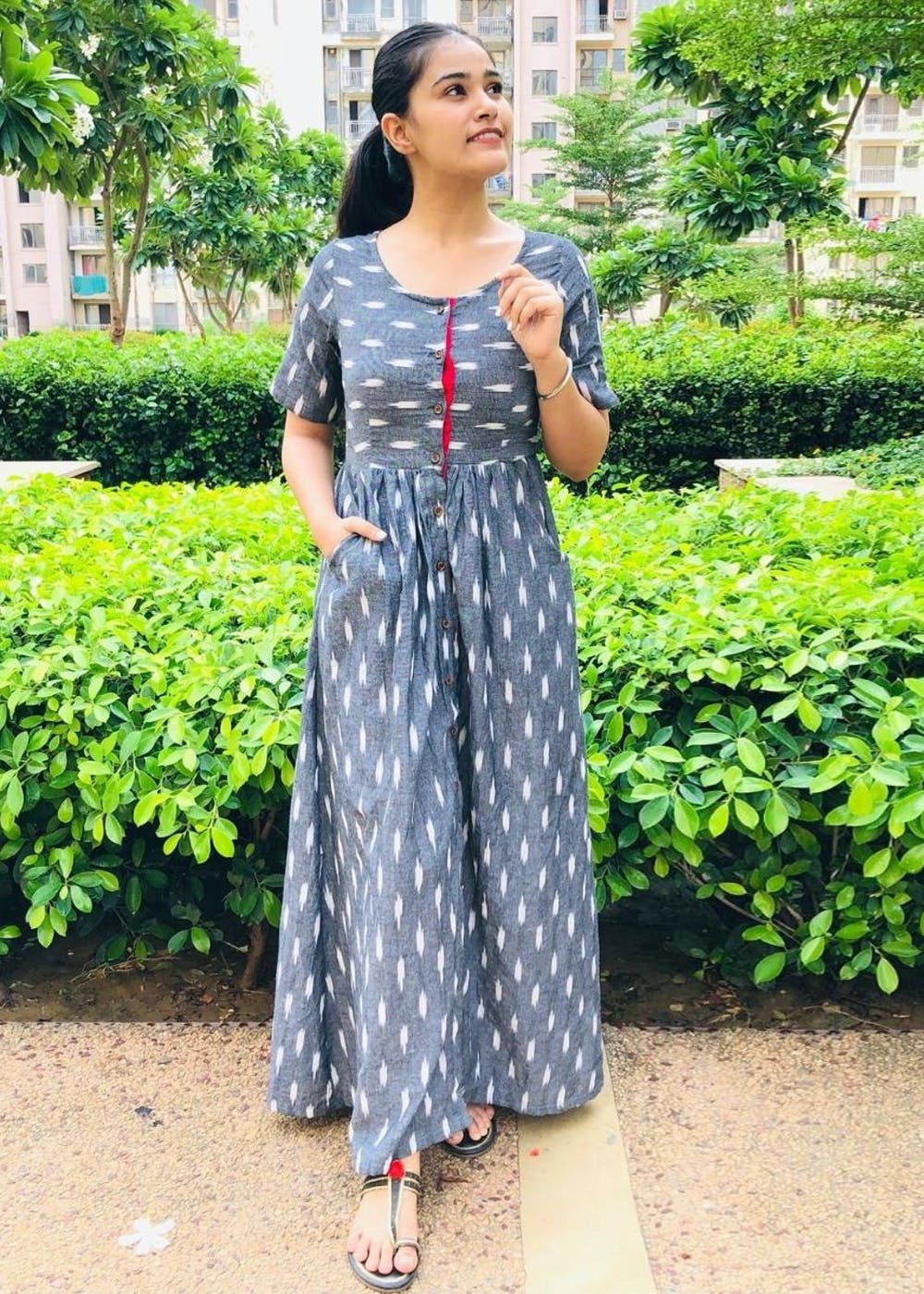 Get Grey Ikat Button Down Maxi Dress at ₹ 2199 | LBB Shop