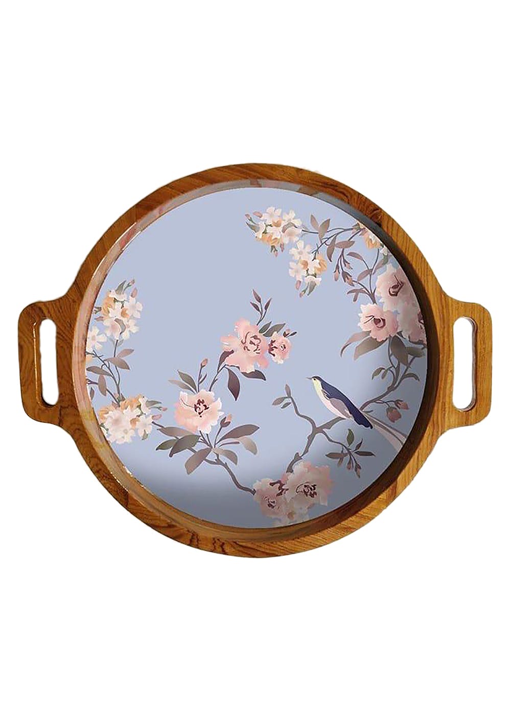 Floral Printed Round Wooden Tray- Blue