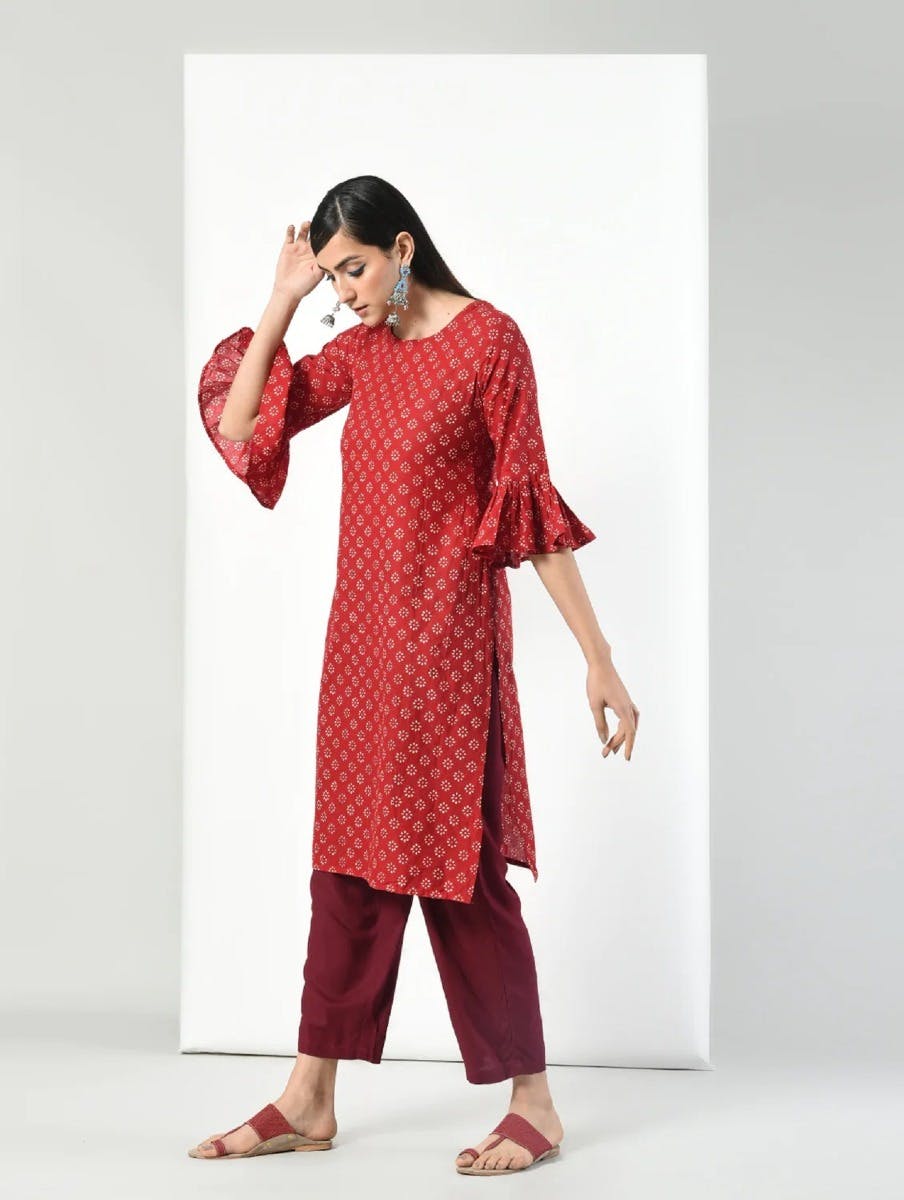 Get Red Floral Print Bell Sleeve Tunic At ₹ 499 | LBB Shop