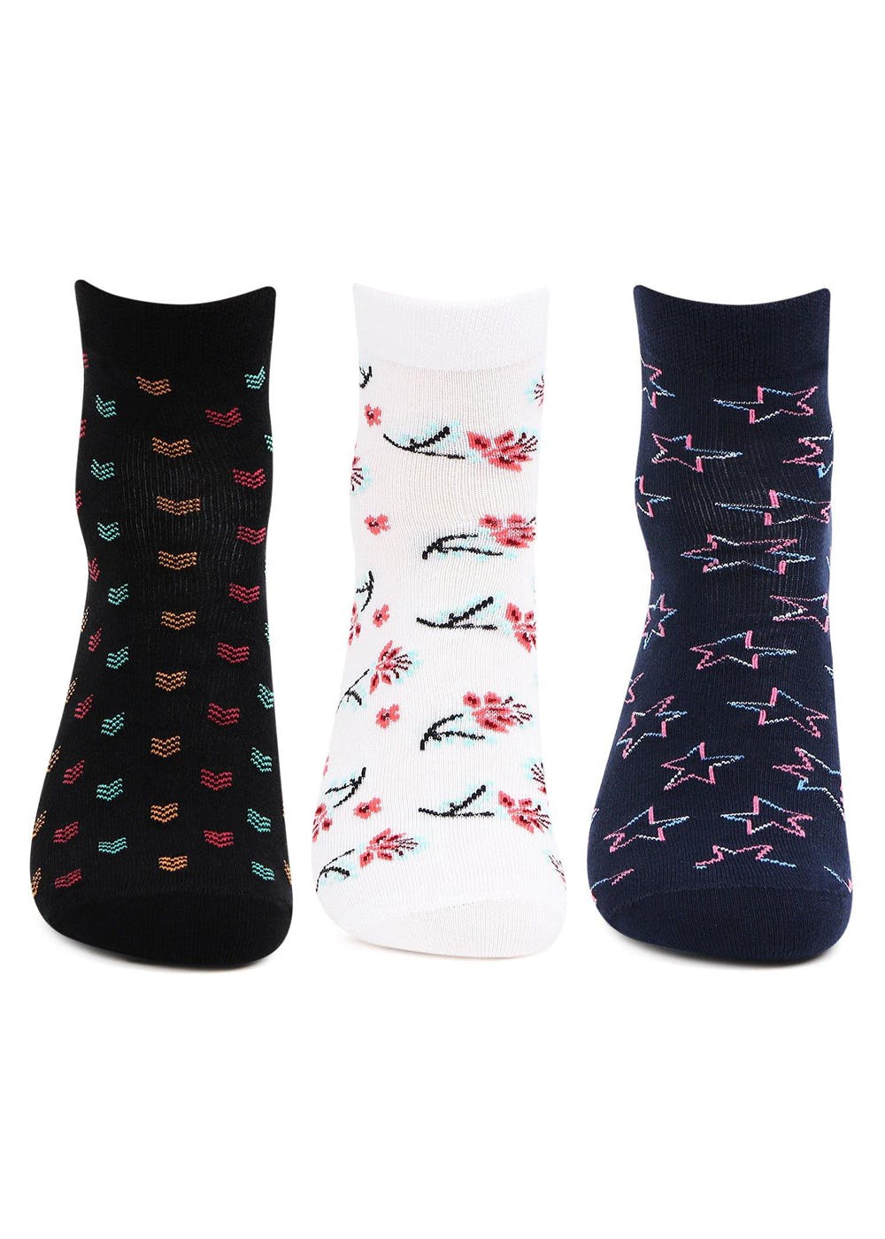 Colorful Cotton Designer Ankle Length Socks For Girls - Pack Of 3