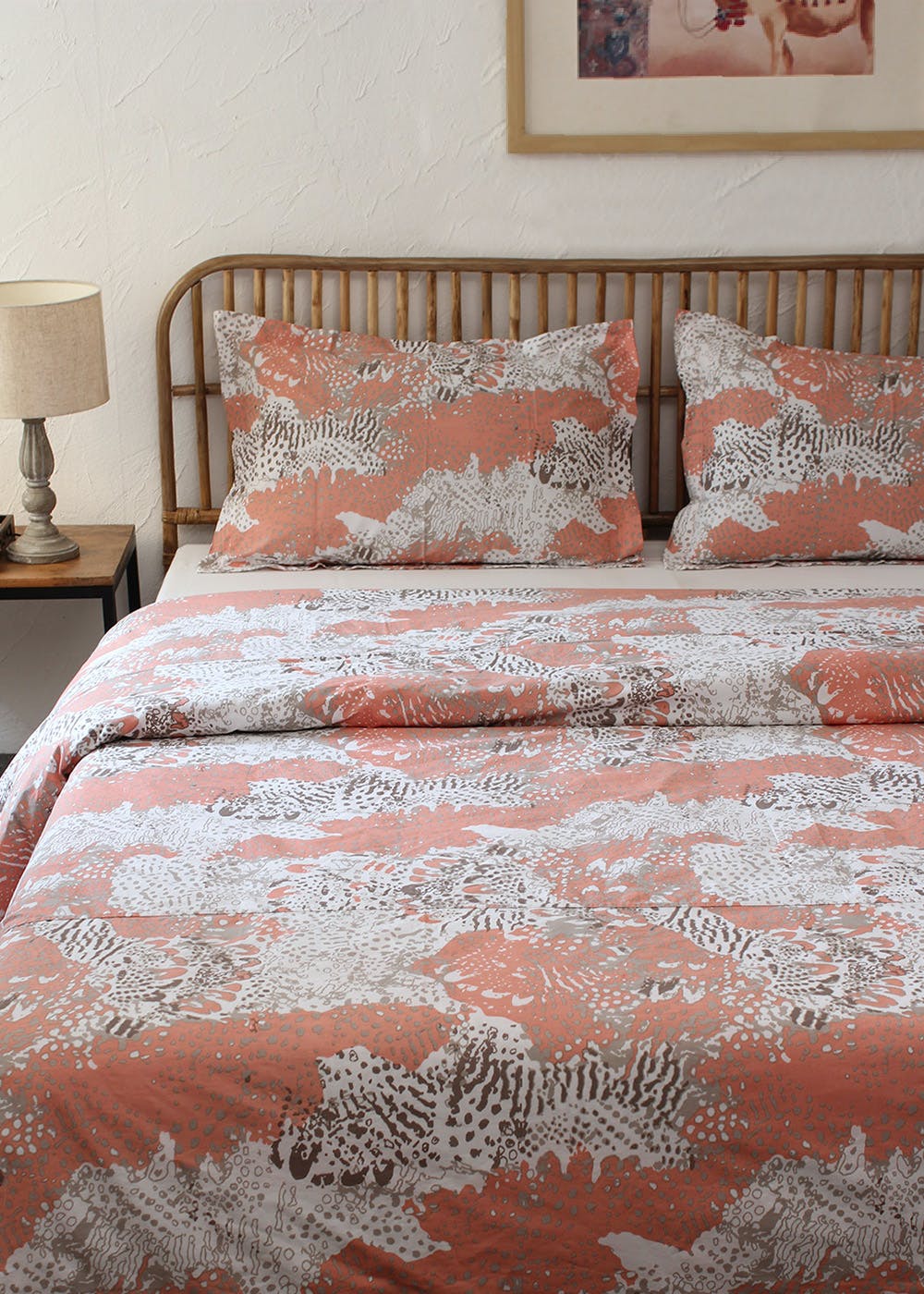 Get Abstract Printed Double Bed Pink Cotton Bedsheet Set at ₹ 6599