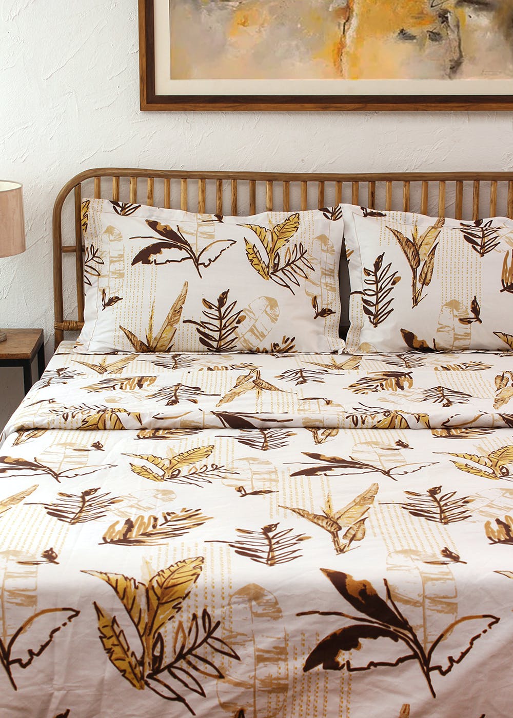 Get Leaves Printed Double Bed Brown Cotton Bedsheet Set at ₹ 6599 LBB