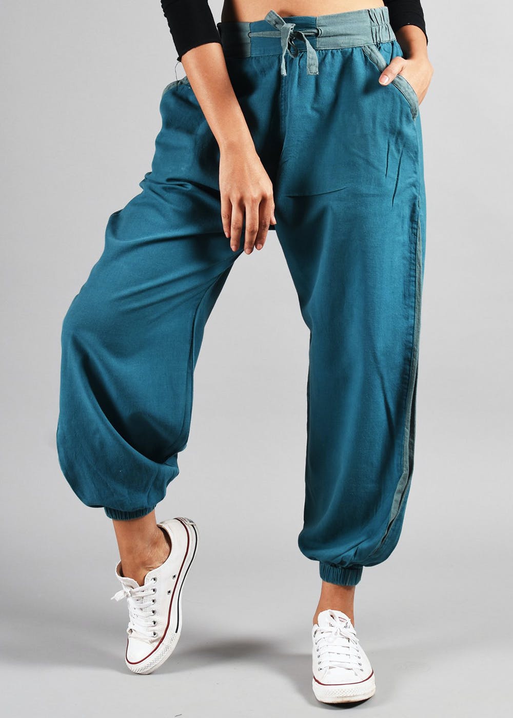 Contrast Trim Detail Hopper Pants - Blue
