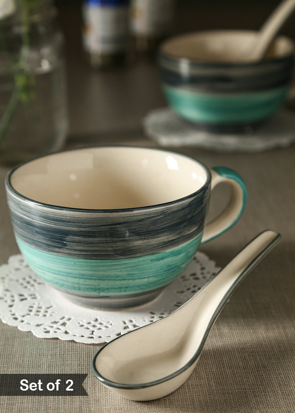 Get Hand Painted Grey stripe Pattern Ceramic Handled Soup Bowls with