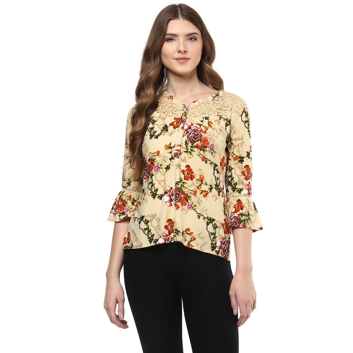 Get Floral Print Lace Detail Shoulder Shirt at ₹ 525 | LBB Shop