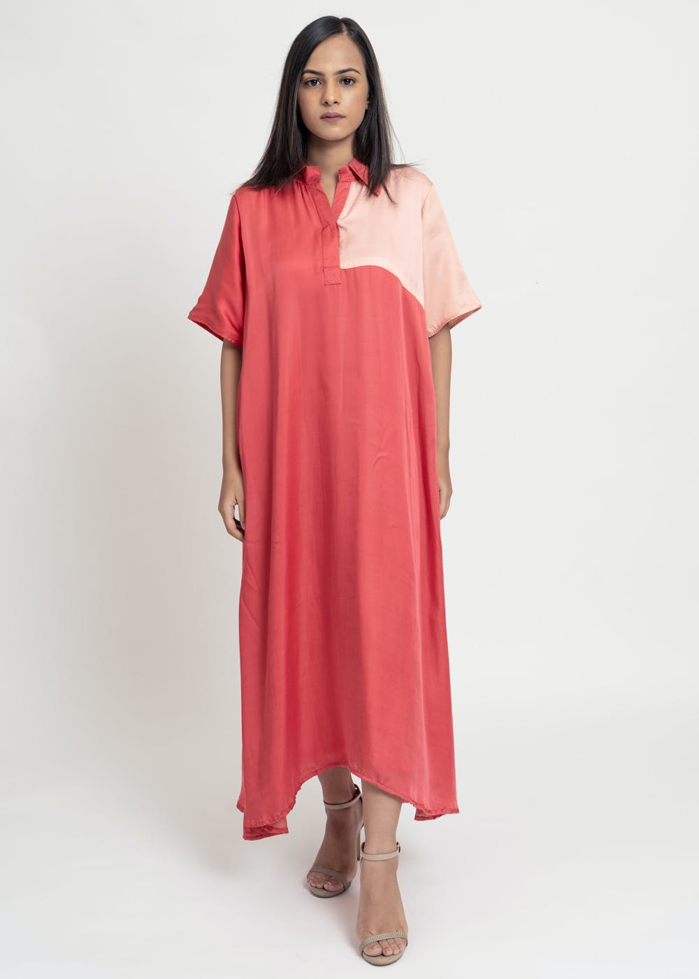 Pale Coral Patch Detail Solid Coral Maxi Dress