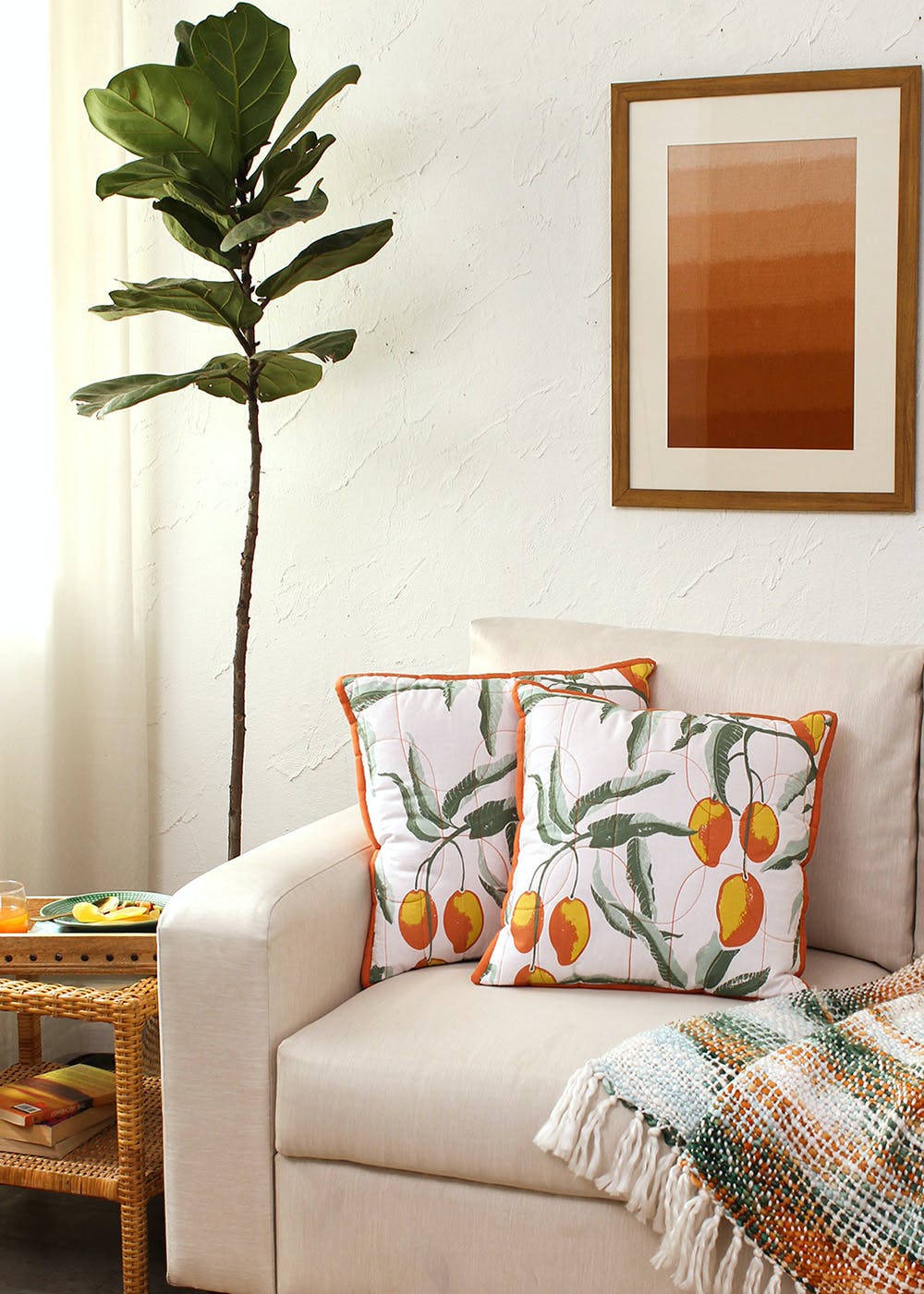 Mango Printed White And Orange Cushion Cover